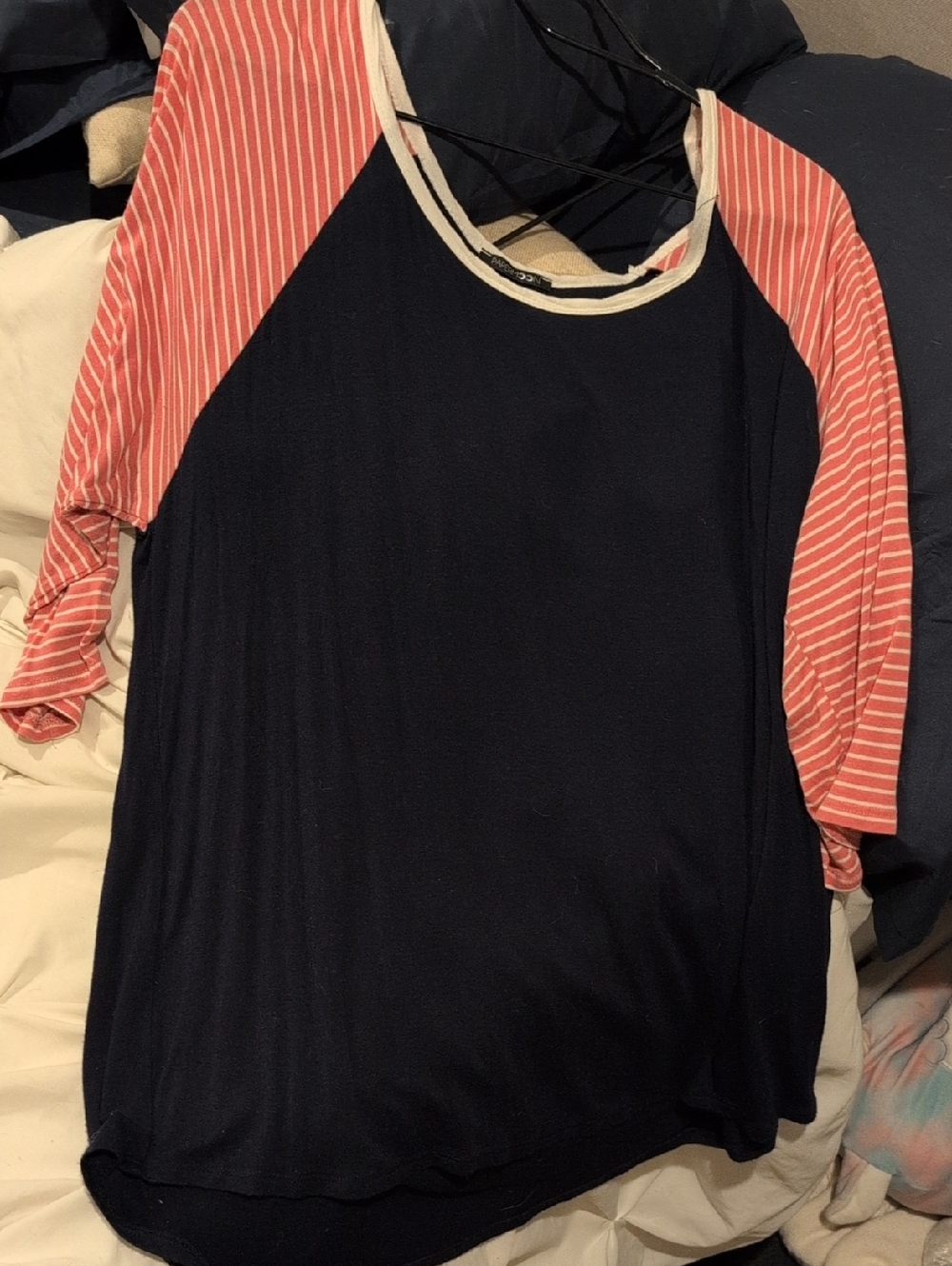 Papermoon Navy Top with Coral Stripe Raglan Sleeves